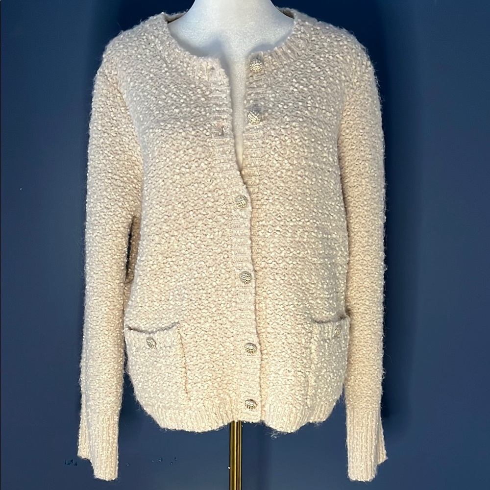 Tahari Cream Textured Cardigan soft nubby, cream & white, golden buttons, NWOT
